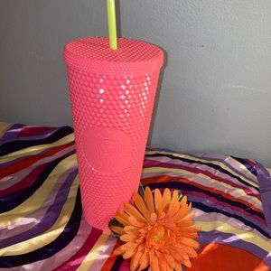 Starbucks Summer 2022 Tumbler Dragonfruit Studded Glossy Coral Pink Bling Venti